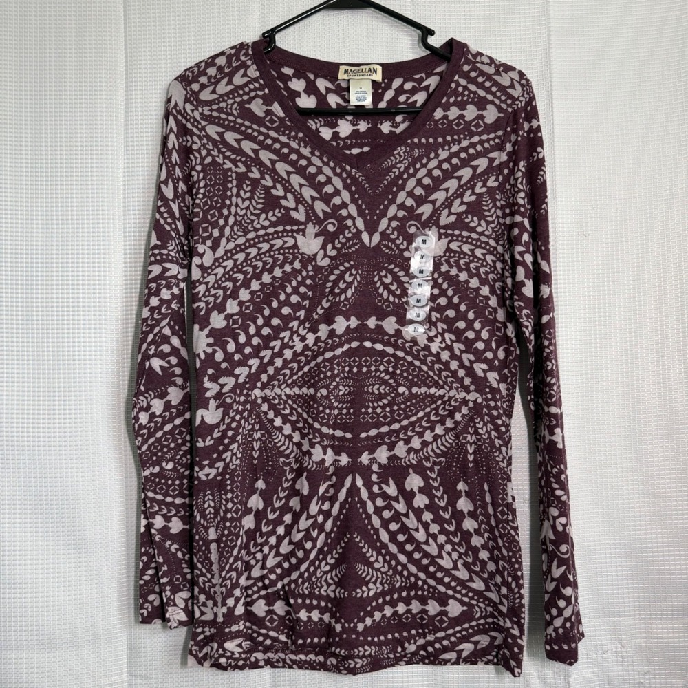 Magellan Sportswear Shirt Womens Medium Plum Cotton Blend V-Neck Boho Top